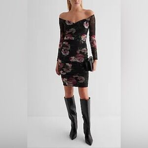 BODY CONTOUR MESH FLORAL OFF THE SHOULDER RUCHED MINI DRESS
